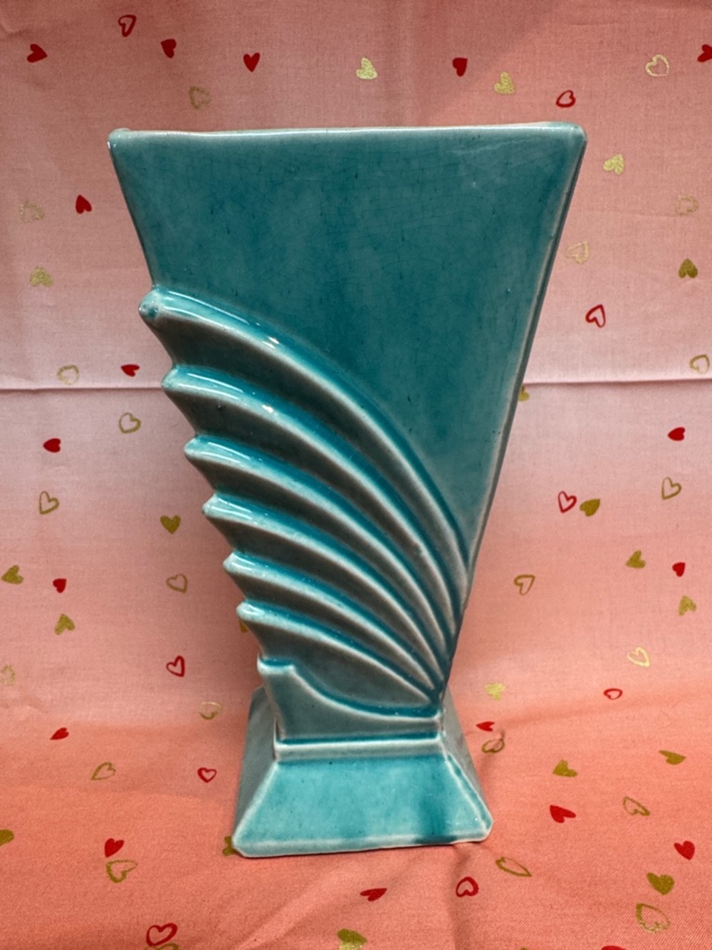 Art Deco Turquoise Fan-Relief Ceramic Vase